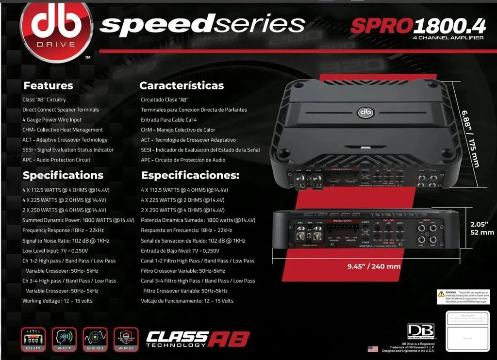 AMPLIFICADOR 4 CH DB DRIVE SPEED SERIES SPRO1800.4
